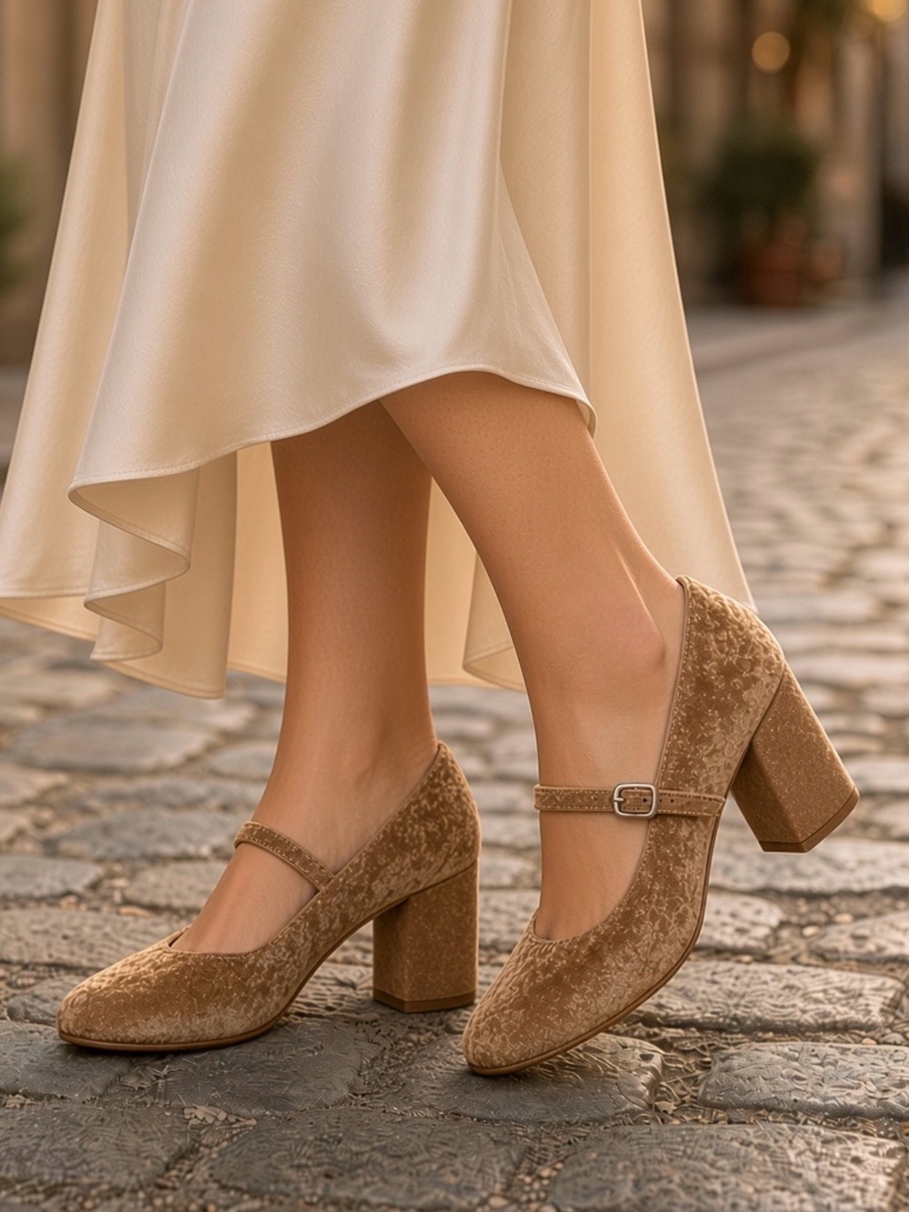Modesta Cameo golden tan velvet Mary Jane style heels